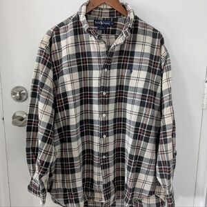 Vtg Polo Ralph Lauren Blaire 100% Cotton Plaid Flannel Beige Mens XL Pony Logo